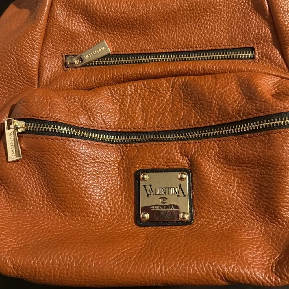 Valentina Italy Orange Pebbled Genuine Leather Handbag Backpack